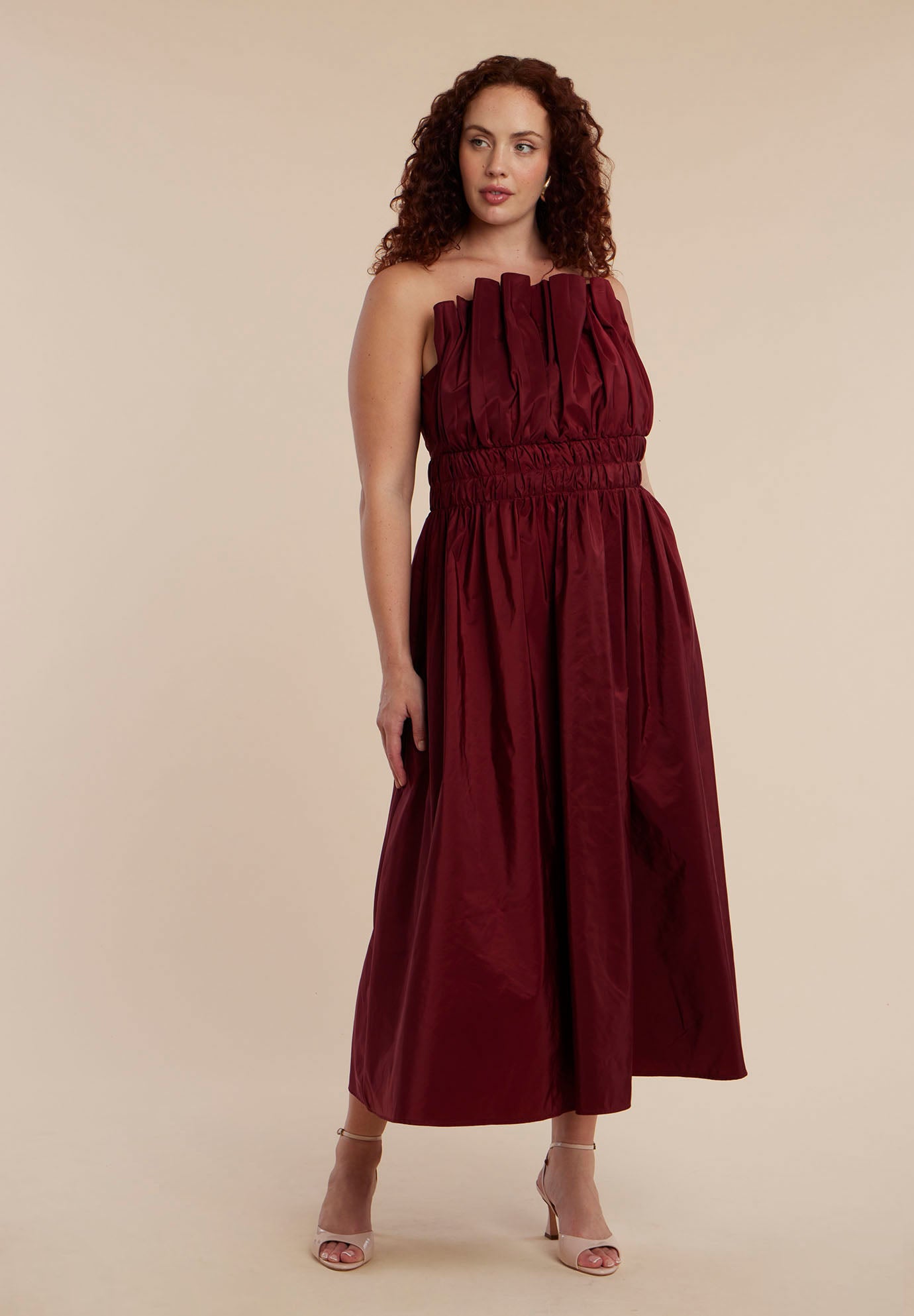 Pleated Ruffle Neckline Midi Dress image number 0