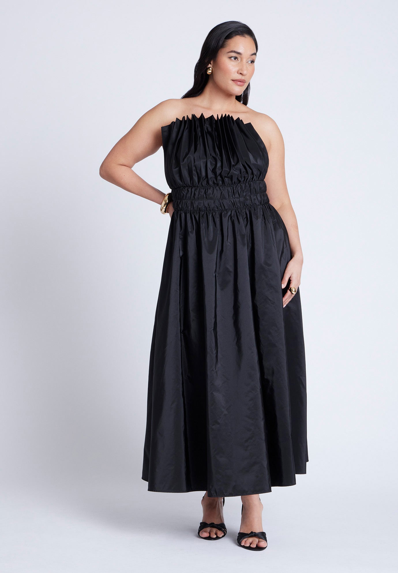Pleated Ruffle Neckline Midi Dress image number 0