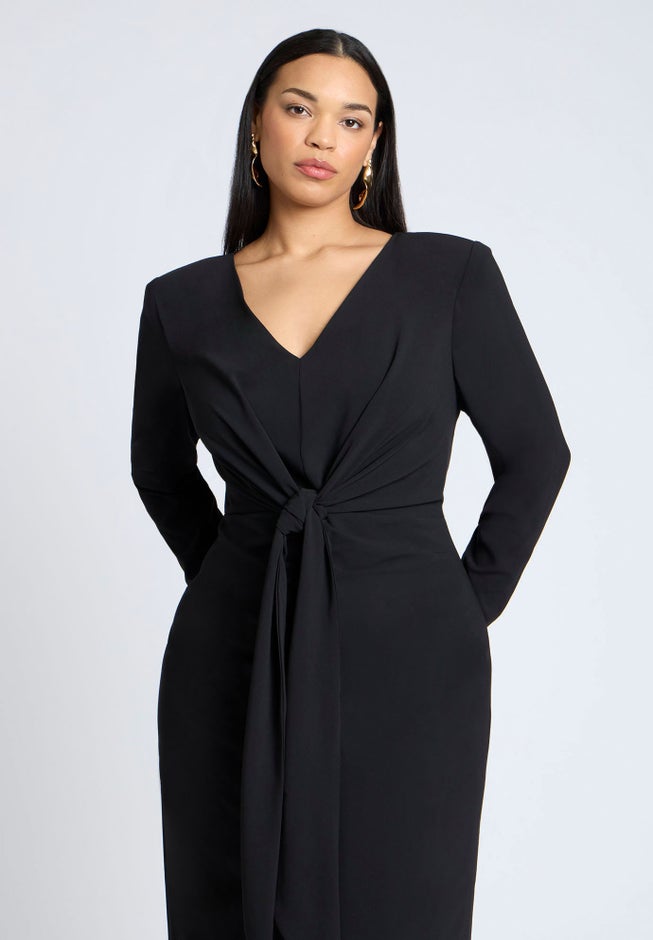 Shirred Strong Shoulder Tie Detail Dress image number null