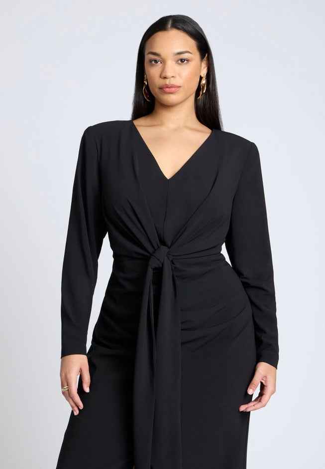 Shirred Strong Shoulder Tie Detail Dress image number null