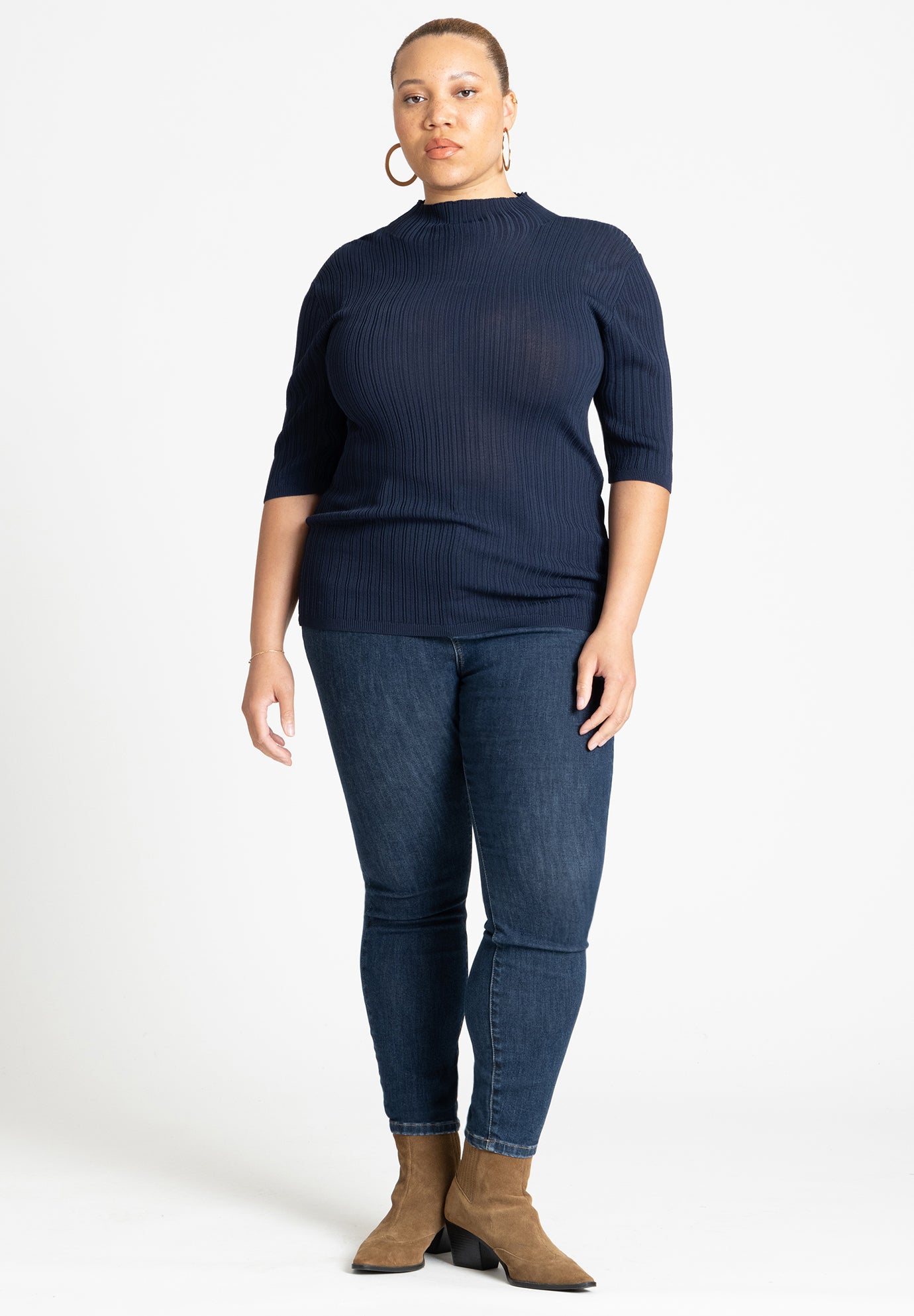 Sleek Funnel Neck Elbow Sleeve Sweater image number 2