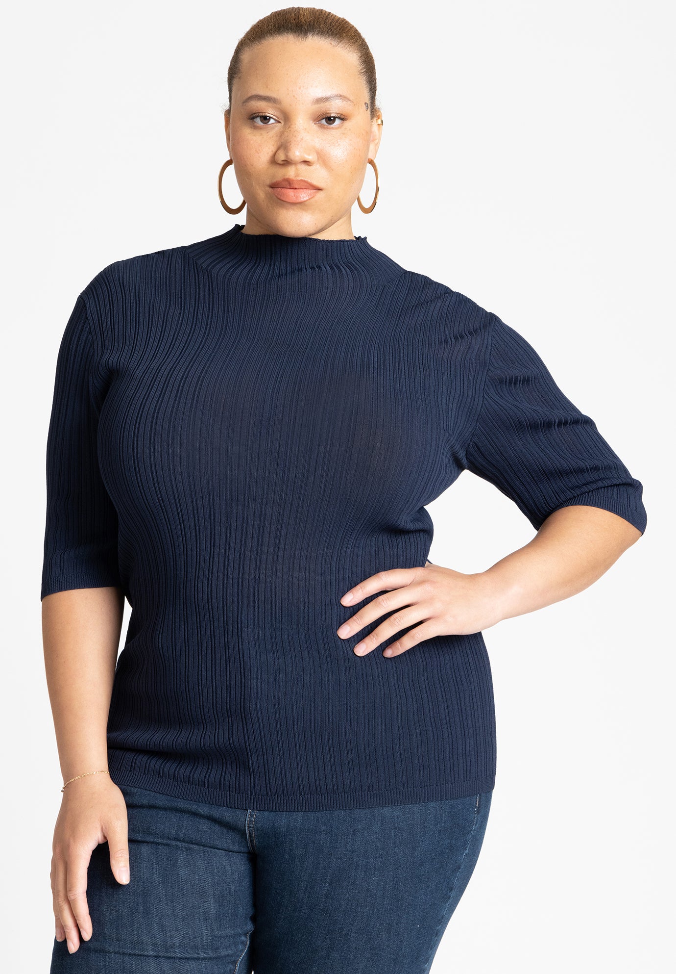 Sleek Funnel Neck Elbow Sleeve Sweater image number 0
