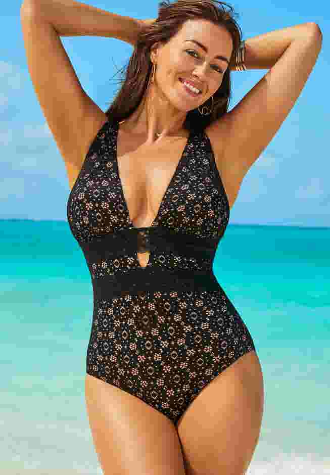 Lace Plunge One Piece Swimsuit image number 0