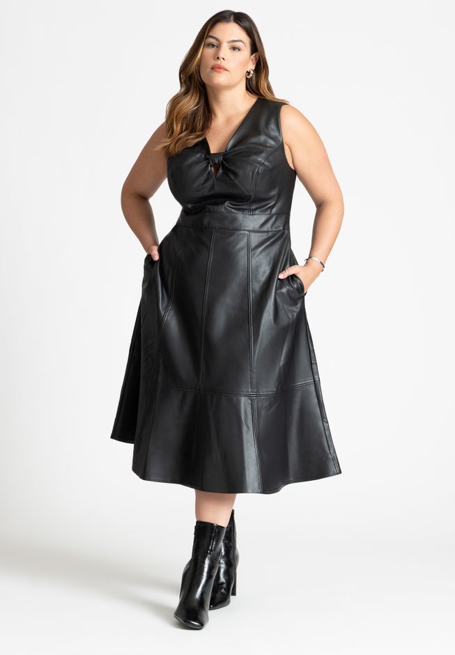 Faux Leather Knot Detail Flare Dress | OneStopPlus