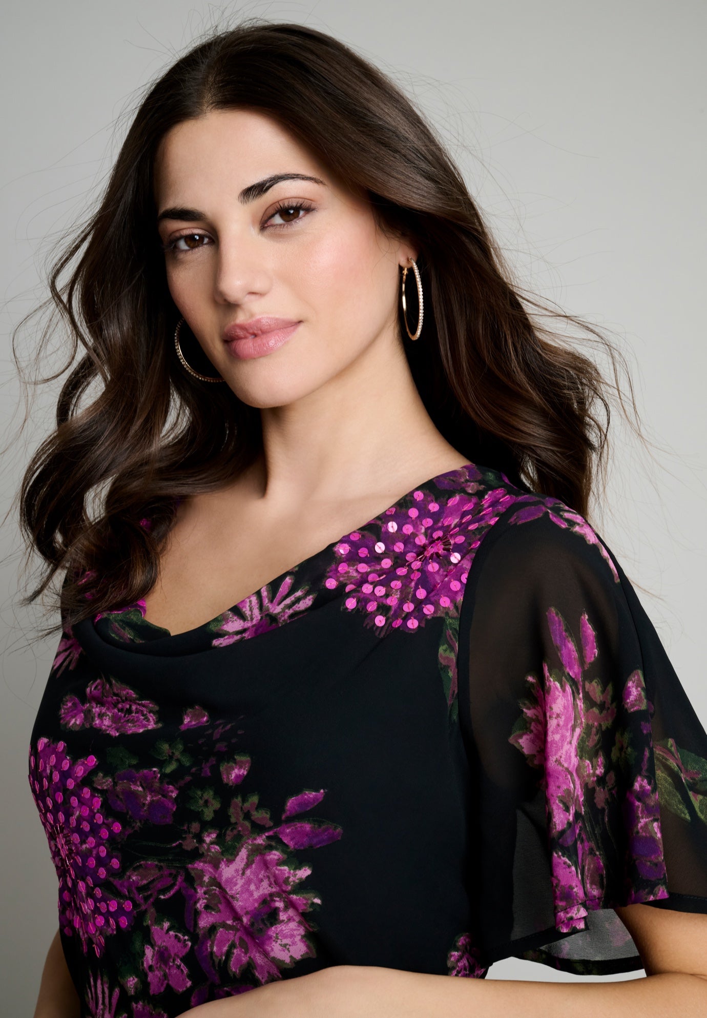 Plus Size Floral Sequin Flutter-Sleeve Gown – Handkerchief-Hem Maxi Dress image number 3