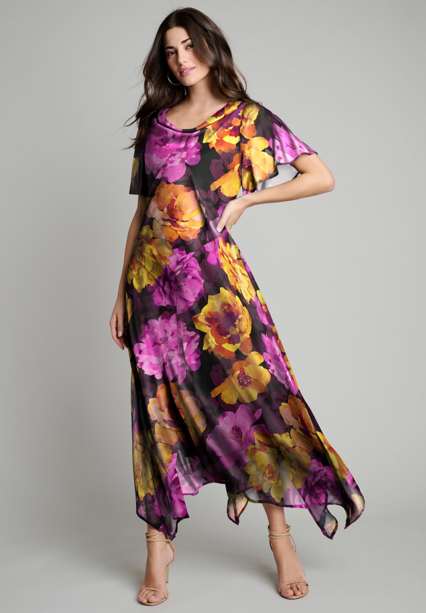 Plus Size Floral Sequin Flutter-Sleeve Gown &ndash; Handkerchief-Hem Maxi Dress image number 0