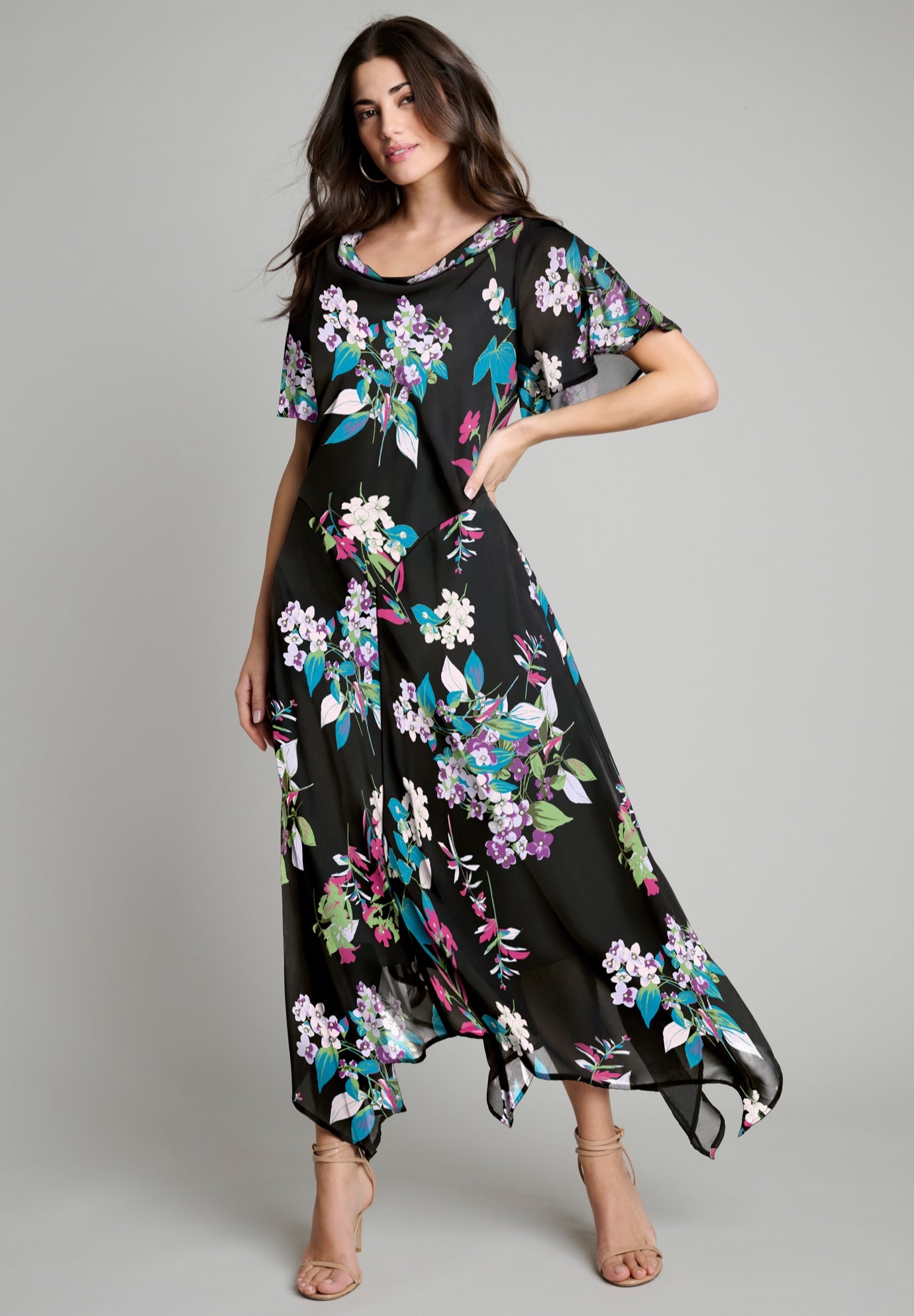 Plus Size Floral Sequin Flutter-Sleeve Gown &ndash; Handkerchief-Hem Maxi Dress image number 0