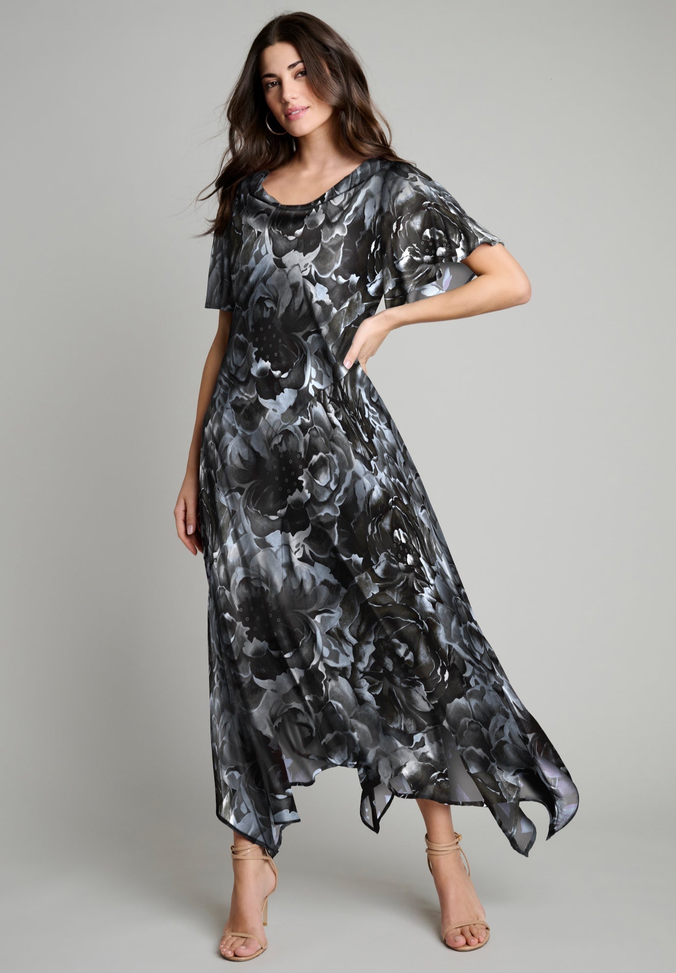 Plus Size Floral Sequin Flutter-Sleeve Gown &ndash; Handkerchief-Hem Maxi Dress image number 0