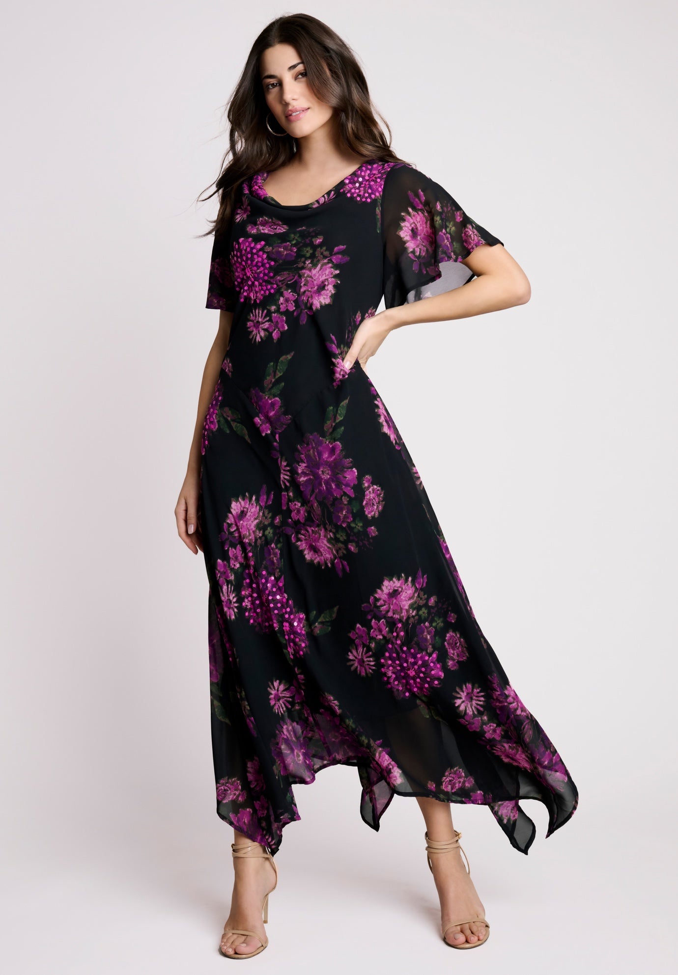 Plus Size Floral Sequin Flutter-Sleeve Gown – Handkerchief-Hem Maxi Dress image number 0