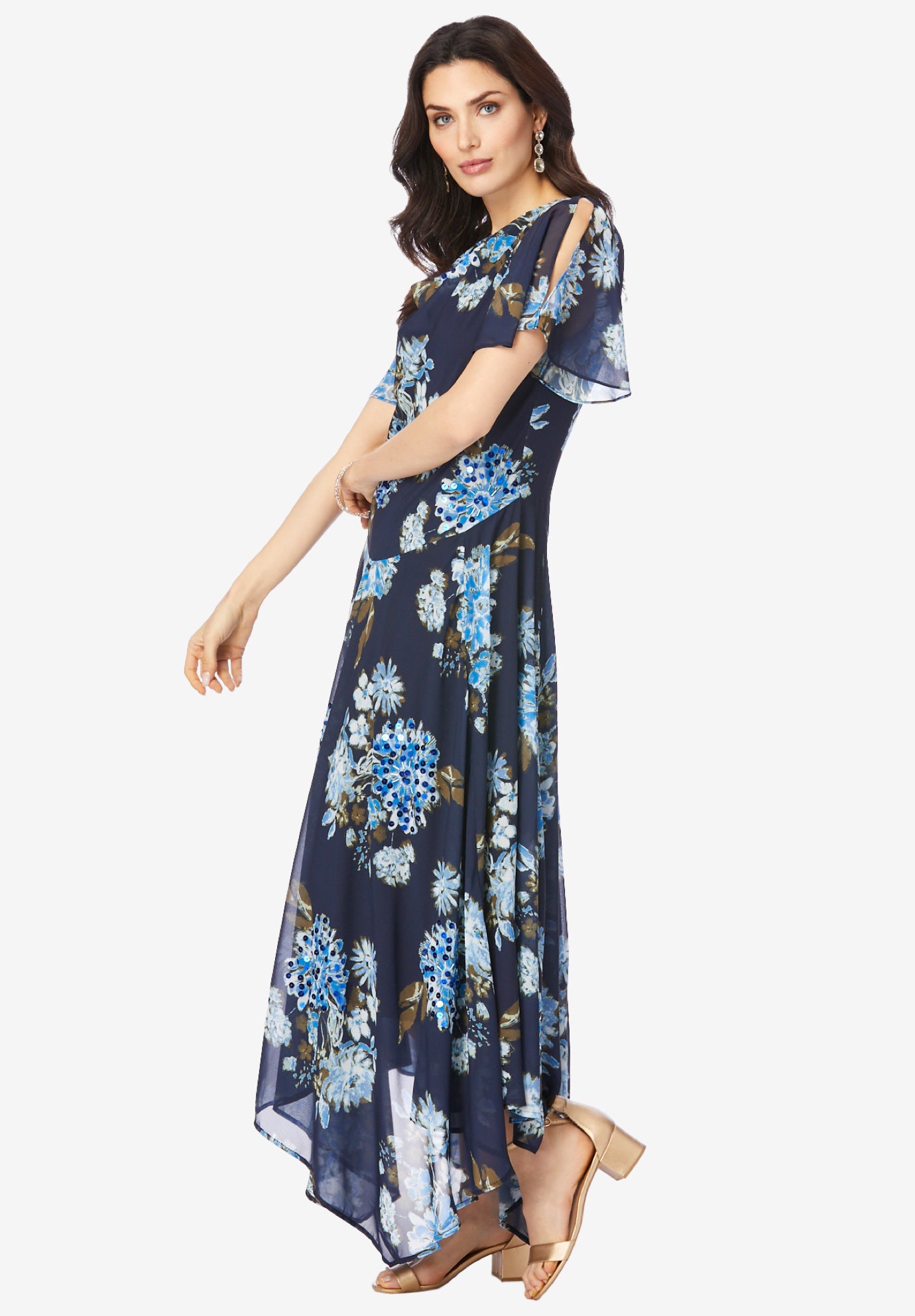Plus Size Floral Sequin Flutter-Sleeve Gown – Handkerchief-Hem Maxi Dress image number 2