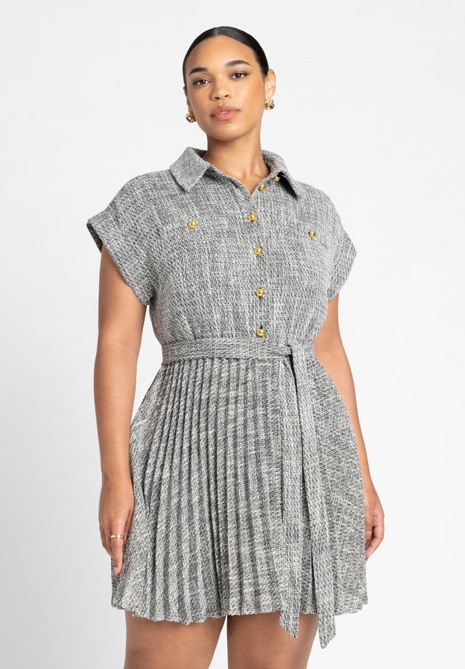 Tweed Pleated Mini Shirt Dress image number 2