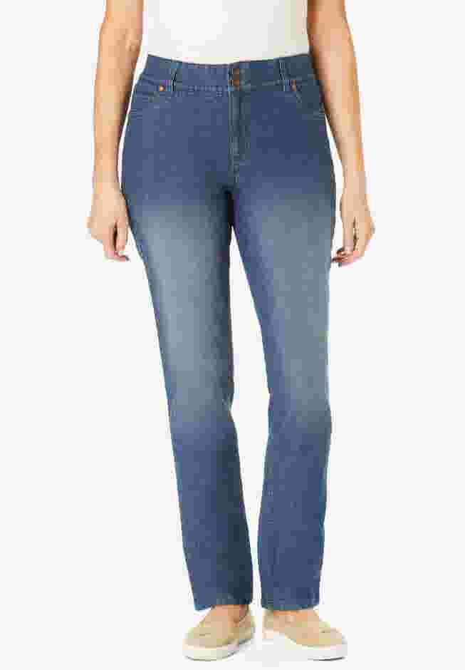 Womens Plus-Size Secret Solutions&trade; Tummy Smoothing Straight-Leg Stretch Denim Jeans image number 0