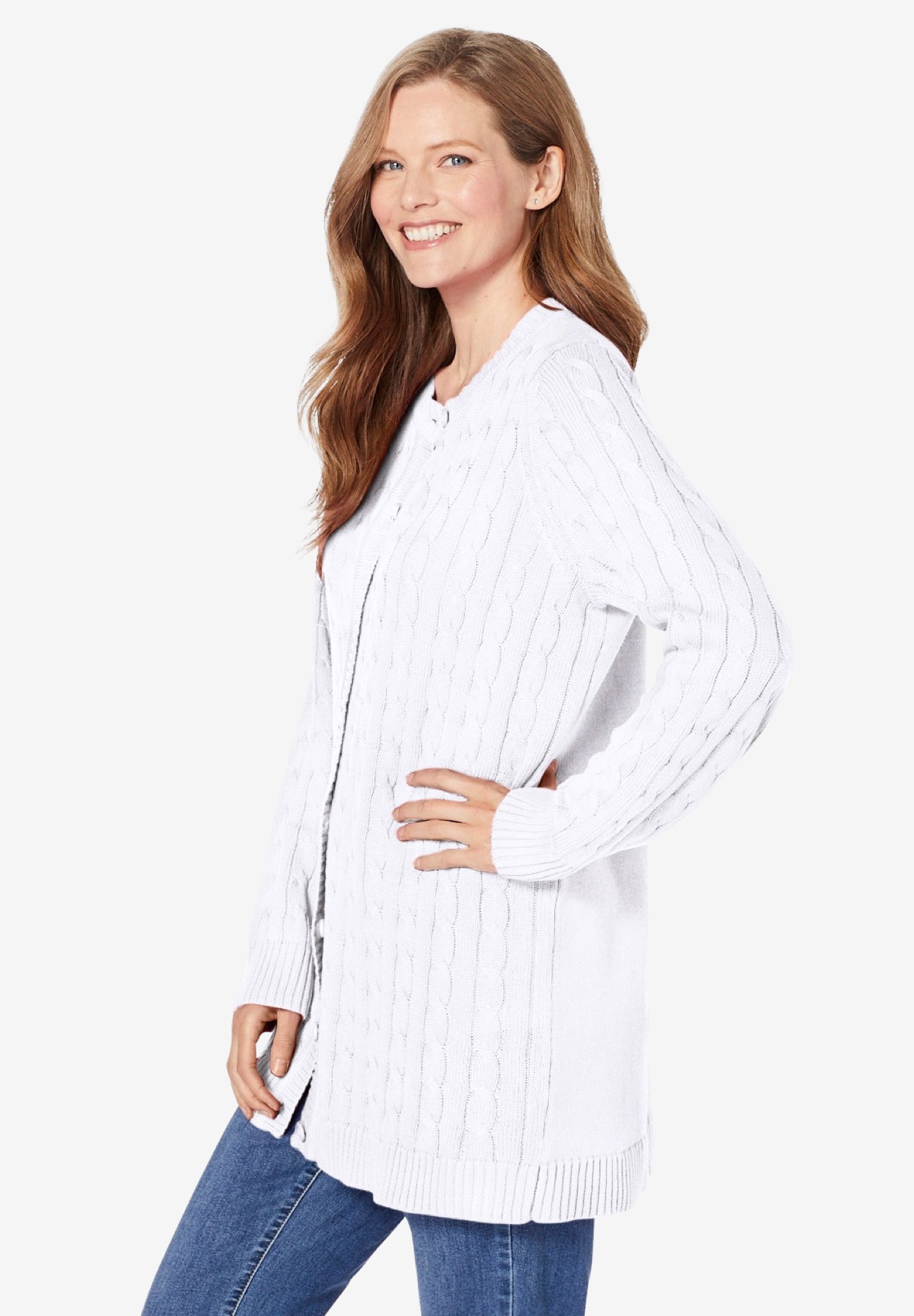 Cotton Cable Knit Cardigan Sweater image number 4