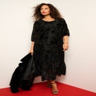 Plus-Size Velvet 3/4 Sleeve Burnout Overlay Dress with Sheer Sleeves image number null