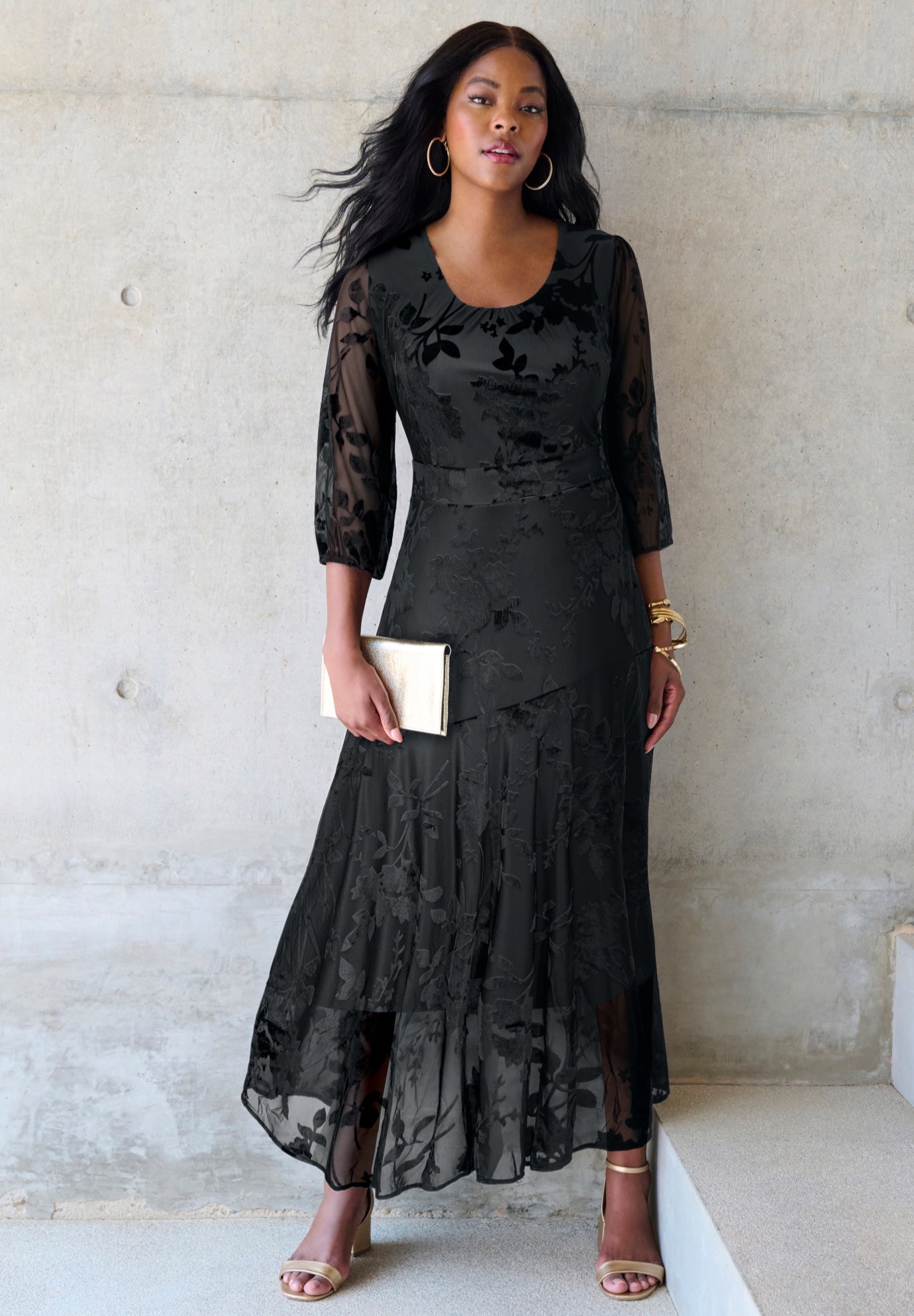 Plus-Size Velvet 3/4 Sleeve Burnout Overlay Dress with Sheer Sleeves image number 2