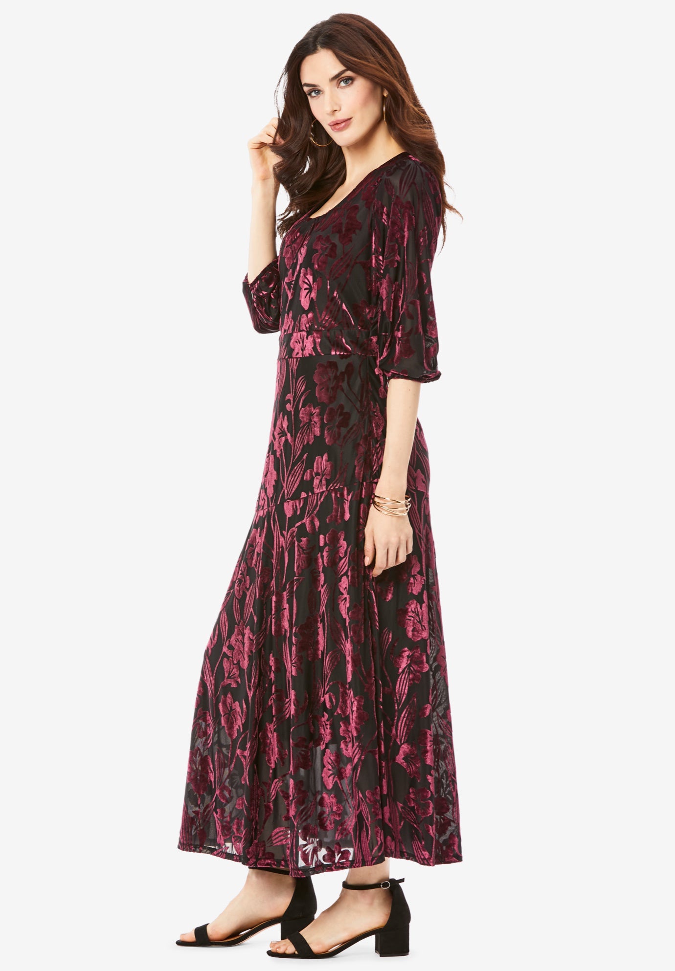 Plus-Size Velvet 3/4 Sleeve Burnout Overlay Dress with Sheer Sleeves image number 2