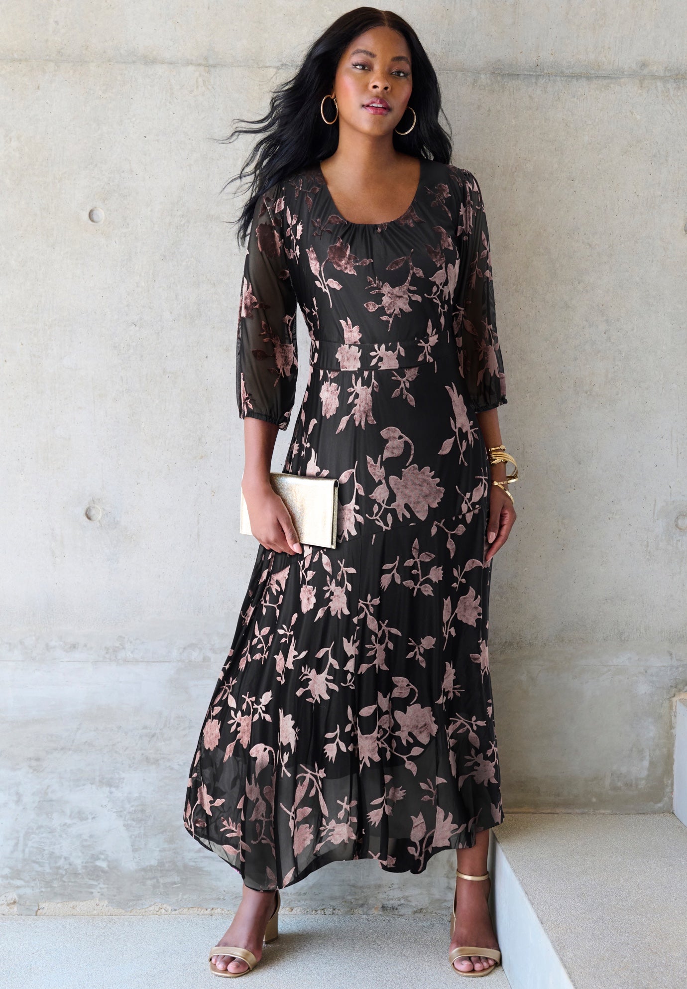 Plus-Size Velvet 3/4 Sleeve Burnout Overlay Dress with Sheer Sleeves image number 0