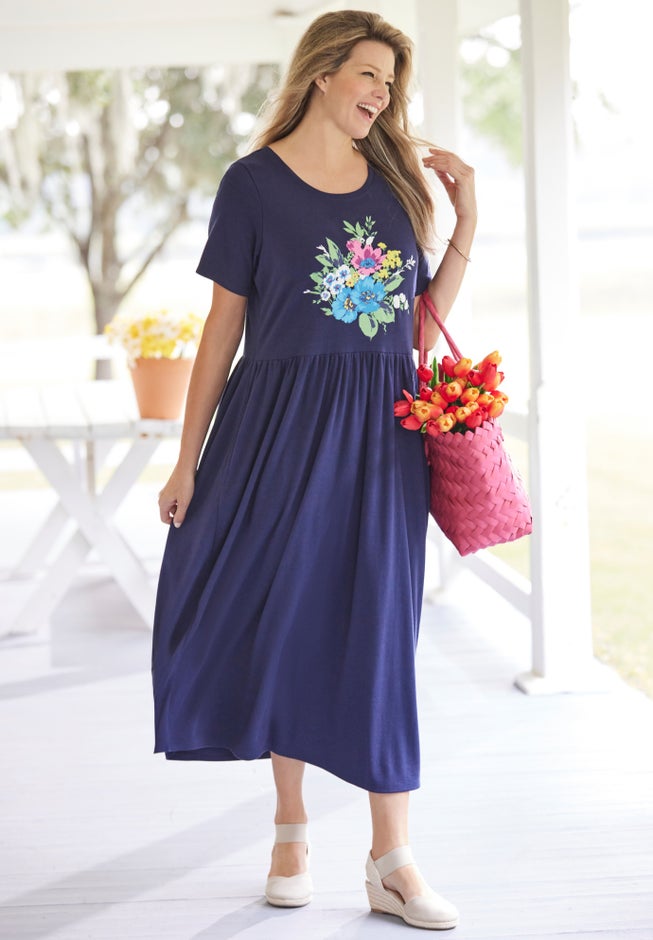 Woman Within Short-Sleeve Scoopneck Empire Waist Dress - 5X, Heather Grey Butterfly Heart Woman Within Short-Sleeve Scoopneck Empire Waist Dress - 5X, Heather Grey Butterfly Heart