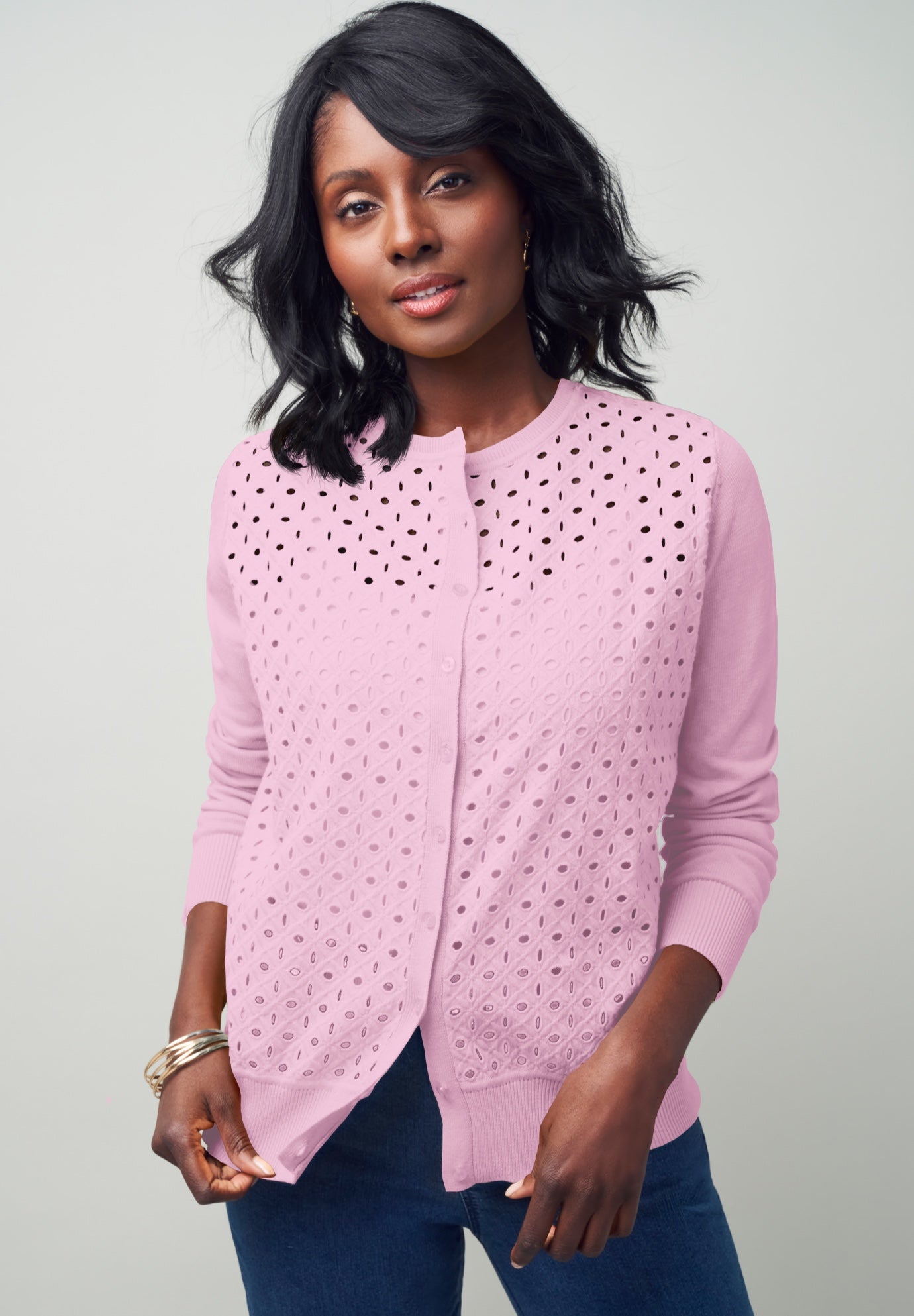 Fine Gauge Eyelet Cardigan image number 1