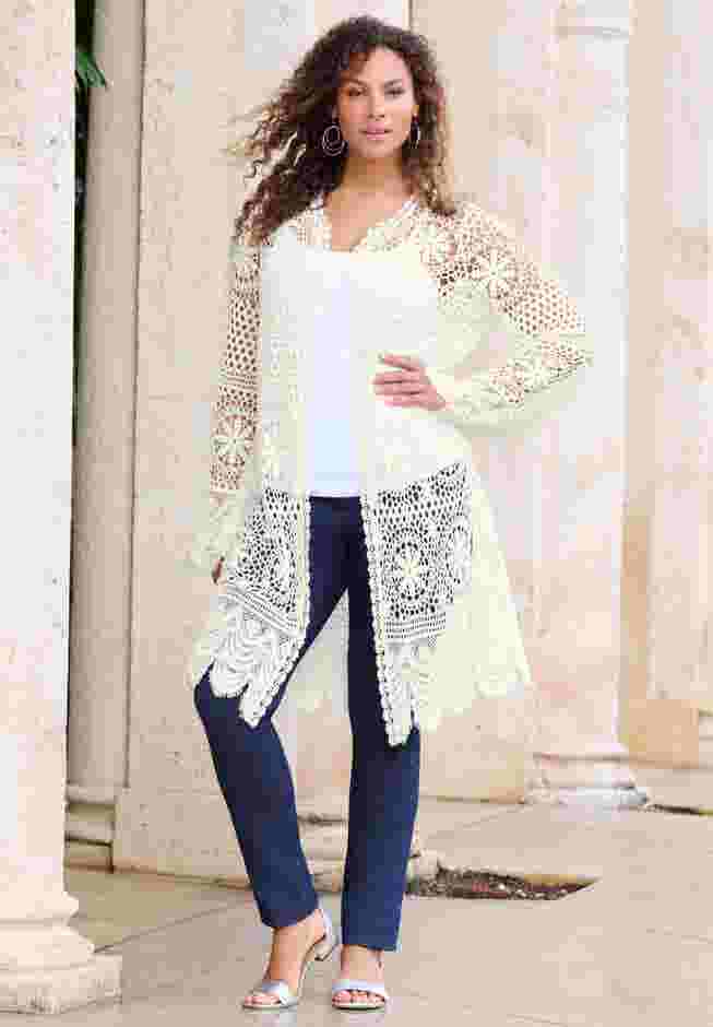 Plus Size Floral Lace Crochet Duster image number 3
