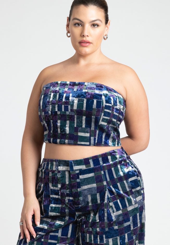 Printed Velvet Strapless Top image number 0
