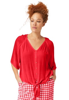 V-Neck Crinkle Tie-Front Elbow-Sleeve Blouse