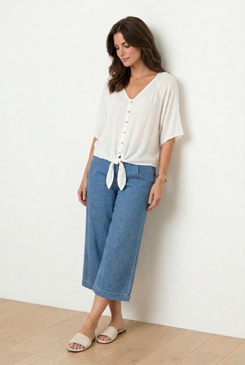 V-Neck Crinkle Tie-Front Elbow-Sleeve Blouse image number 2