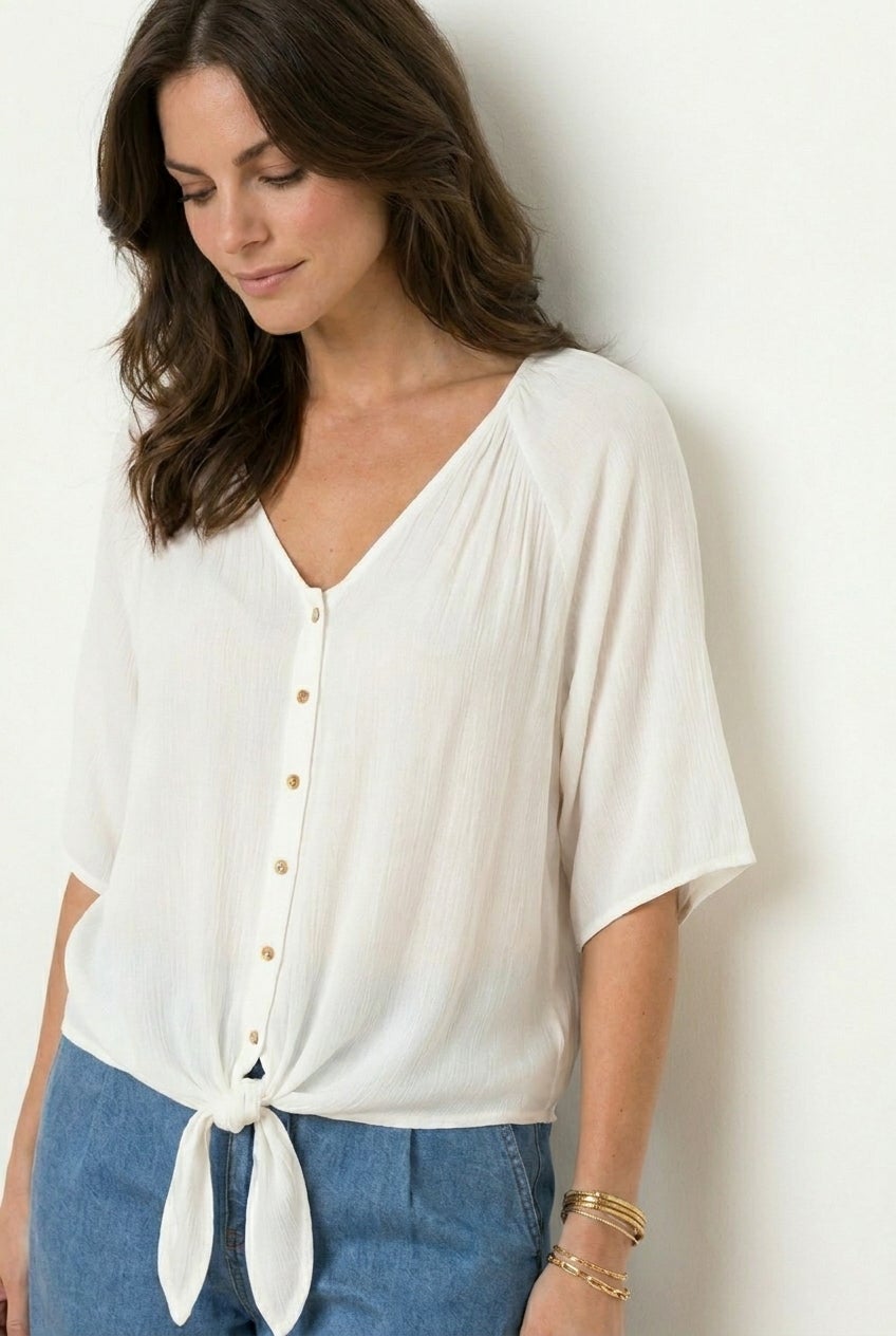 V-Neck Crinkle Tie-Front Elbow-Sleeve Blouse image number 0