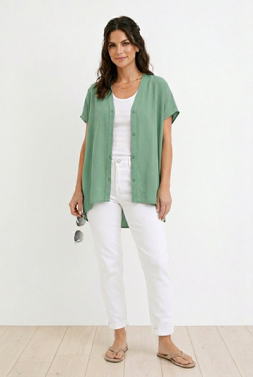 Linen-Blend V-Neck Button-Front Dolman Sleeve Oversized Tunic image number 0
