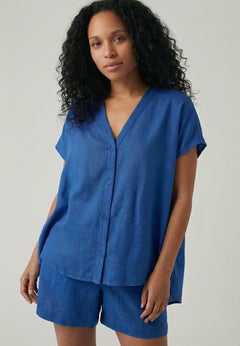 Linen-Blend V-Neck Button-Front Dolman Sleeve Oversized Tunic