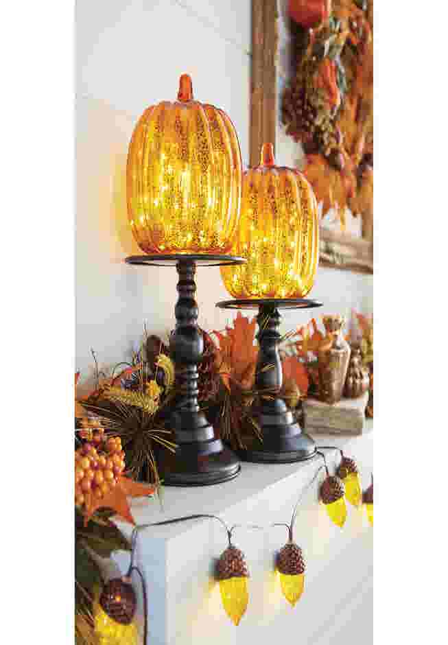 14½"H x 6"Diam Pre-Lit Mercury Glass Pumpkin on Metal Stand image number 0