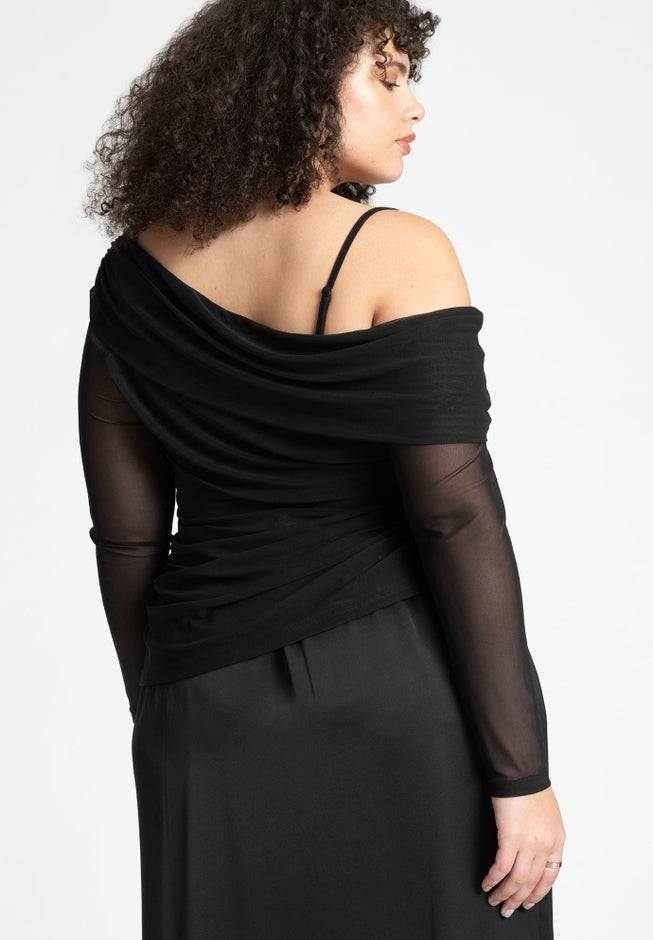 Off The Shoulder Shirred Mesh Top image number 1