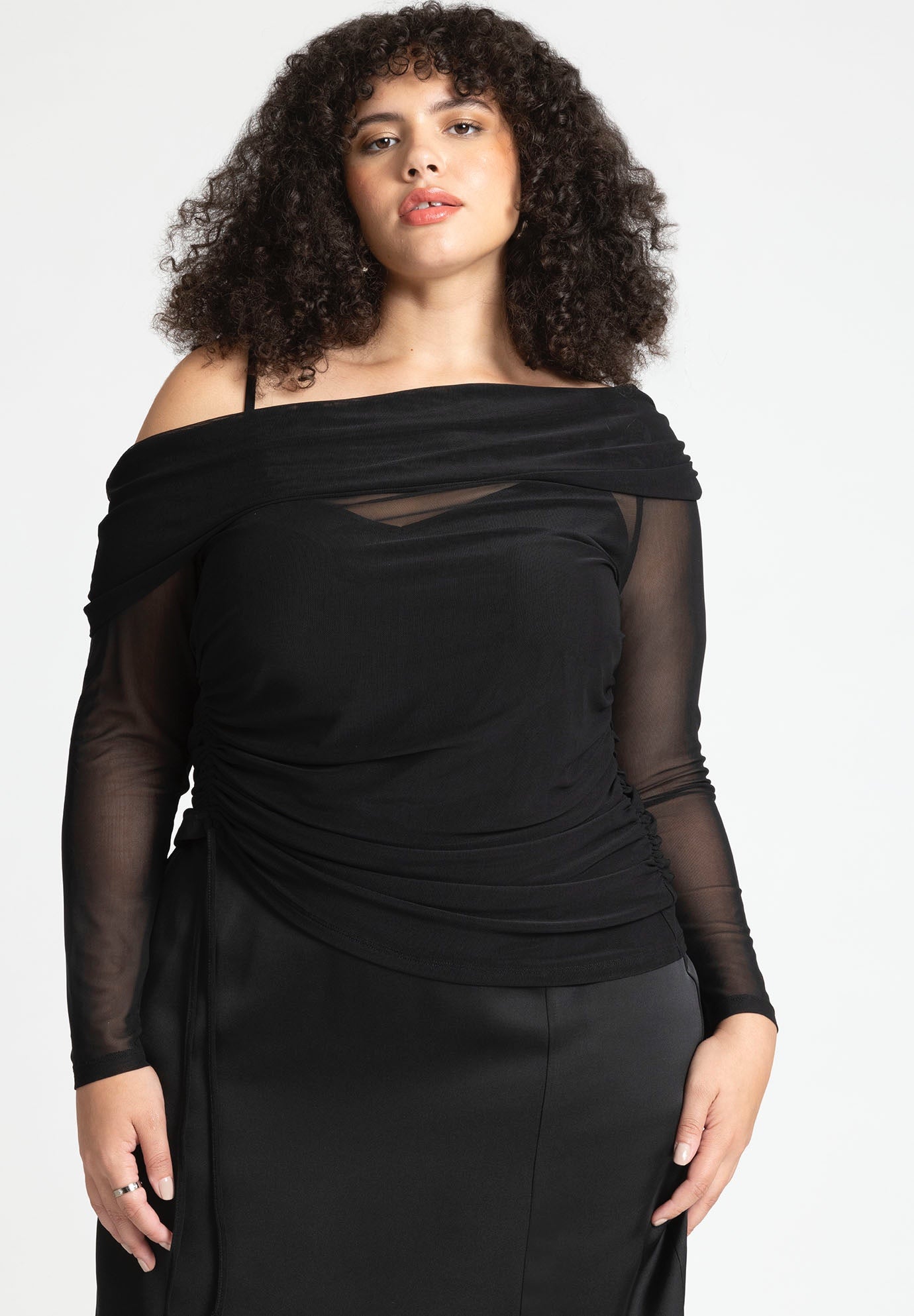 Off The Shoulder Shirred Mesh Top image number 0