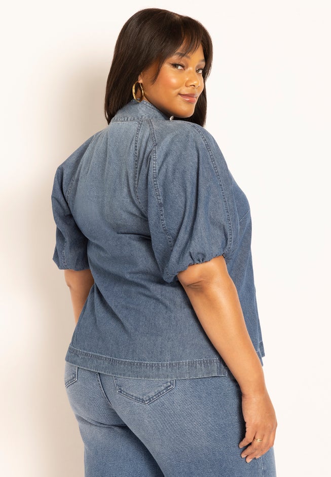 Puff Sleeve Chambray Tie Neck Top image number 1