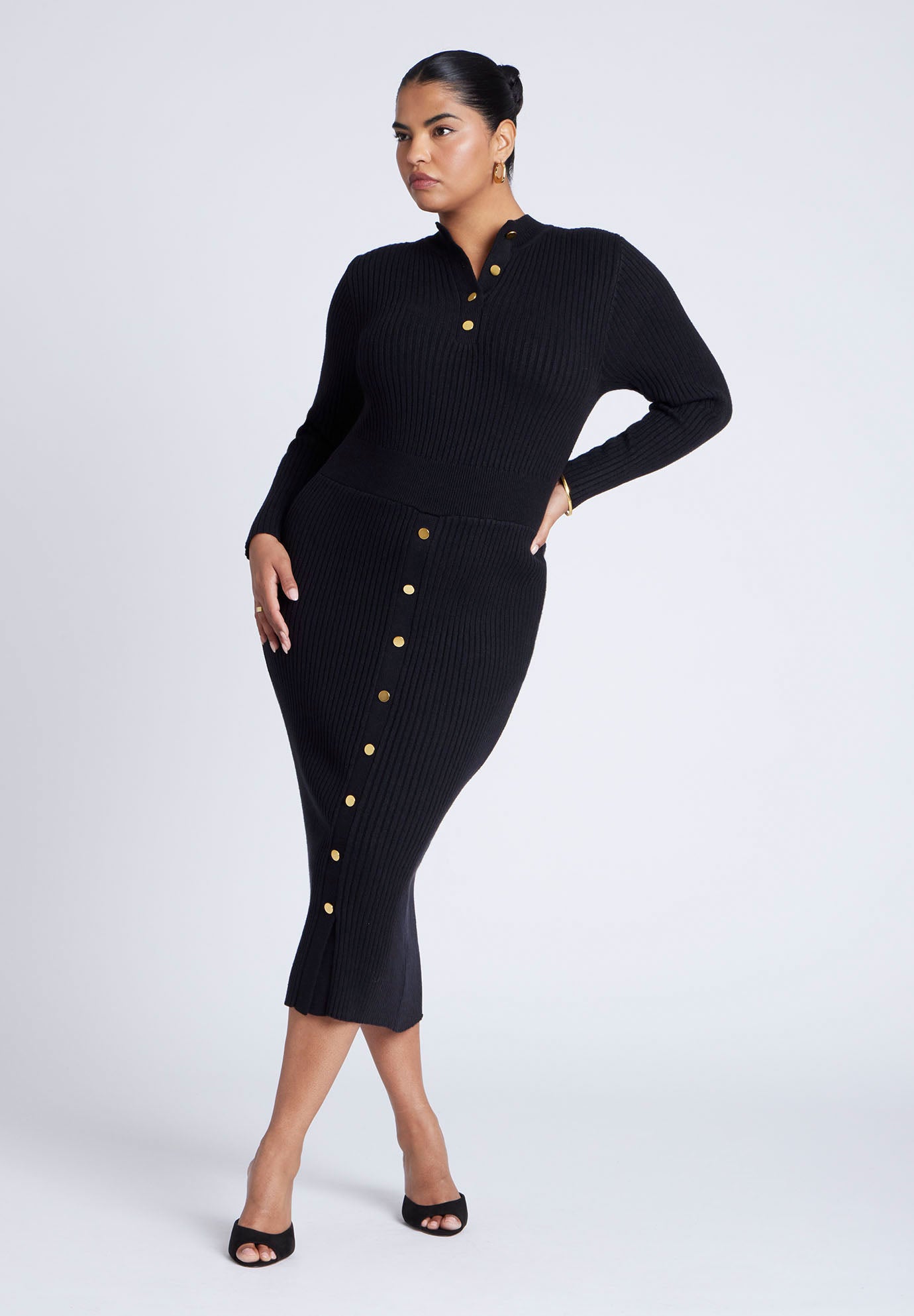 Mock Neck Rib Button Dress image number 3