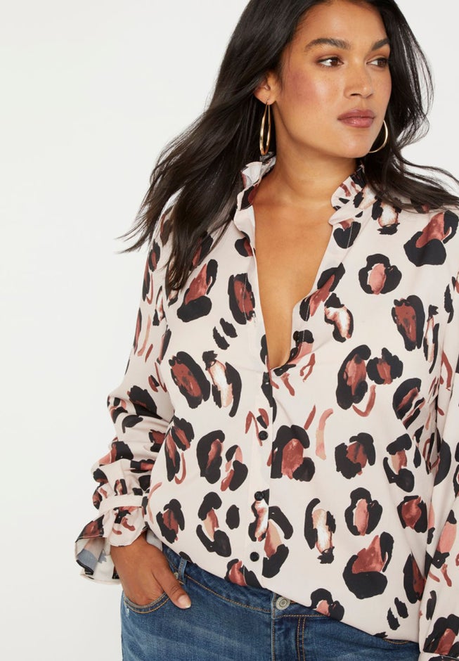 Printed Button Down Shirt with Ruffle Neck image number null