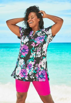 Longer-Length Notch-Neck Short-Sleeve Swim Tunic