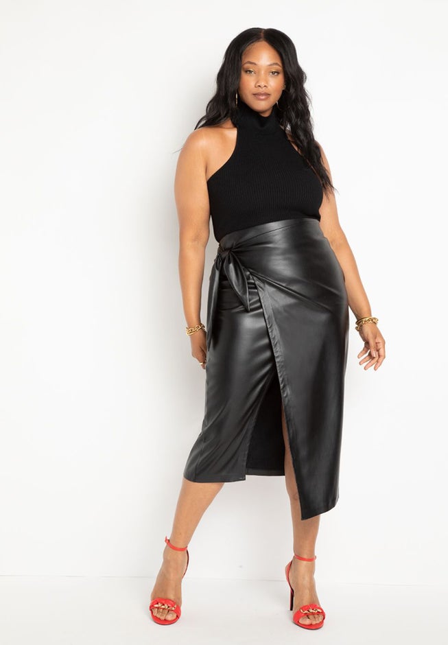 Wrap Front Faux Leather Midi Skirt image number 0