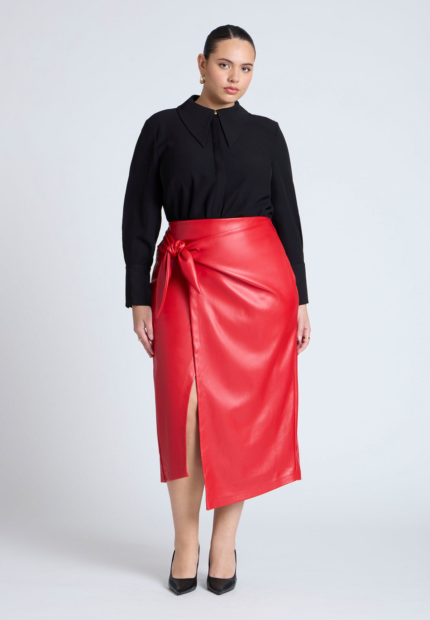 Wrap Front Faux Leather Midi Skirt image number 0