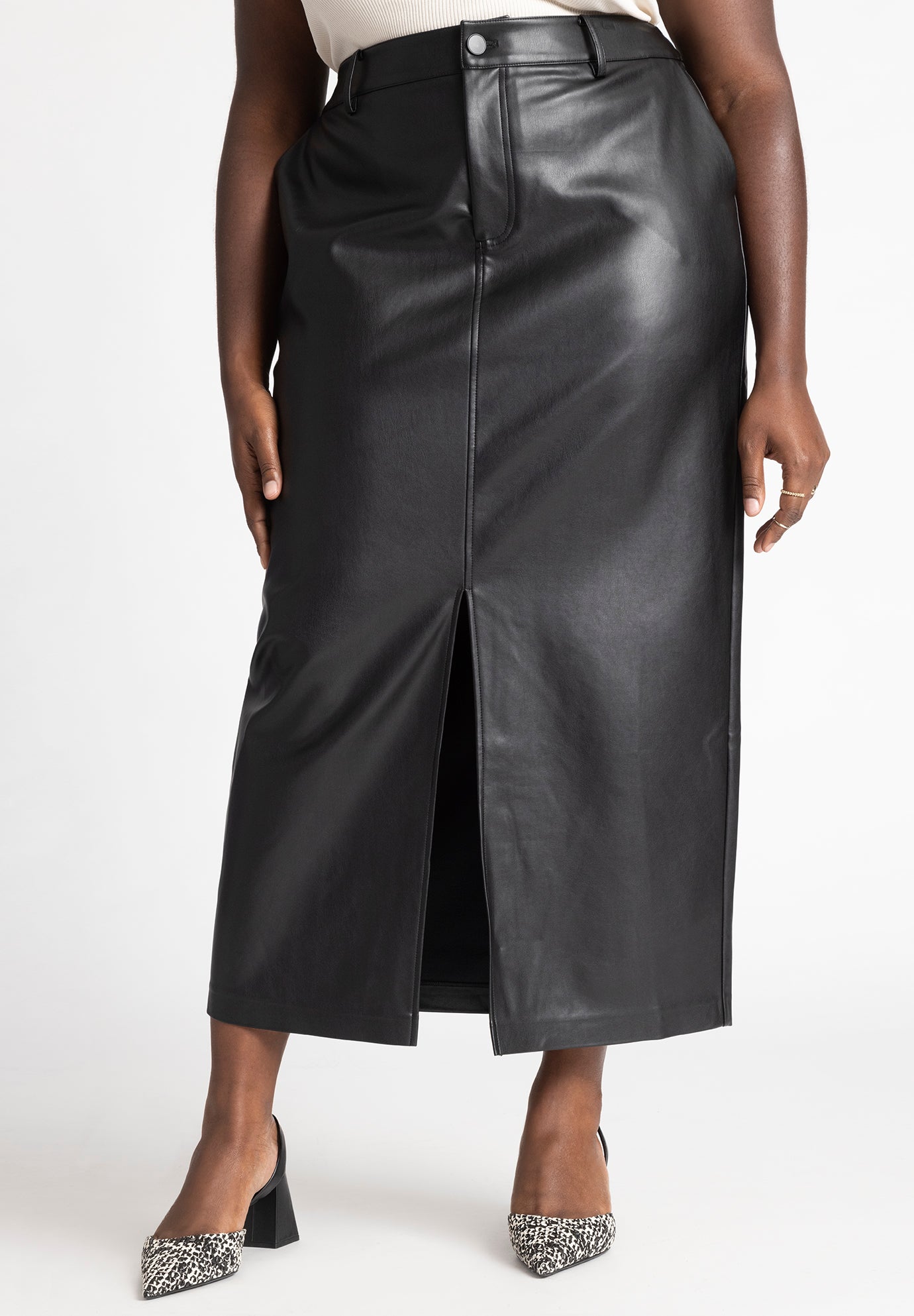 Faux Leather Column Skirt With Slit image number 2