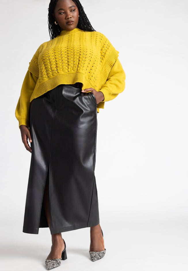 Faux Leather Column Skirt With Slit image number 3