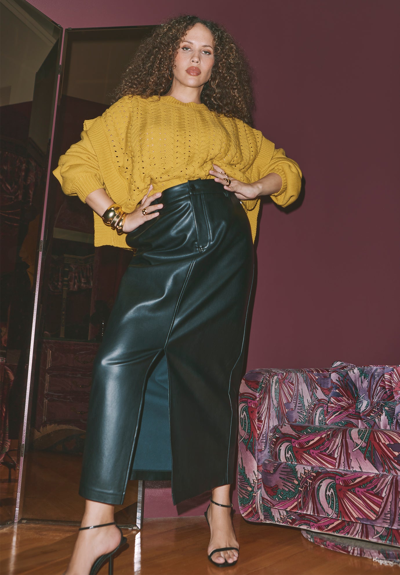 Faux Leather Column Skirt With Slit image number 0