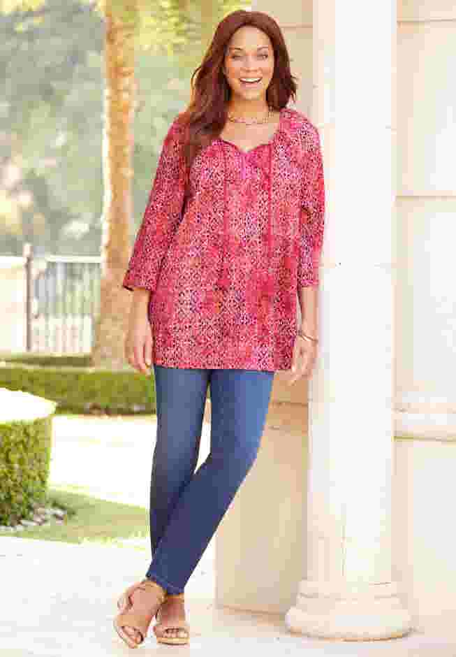 Sequin Trim Gauze Peasant Blouse image number 1