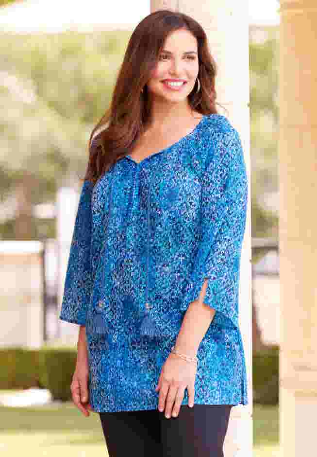 Sequin Trim Gauze Peasant Blouse image number 2