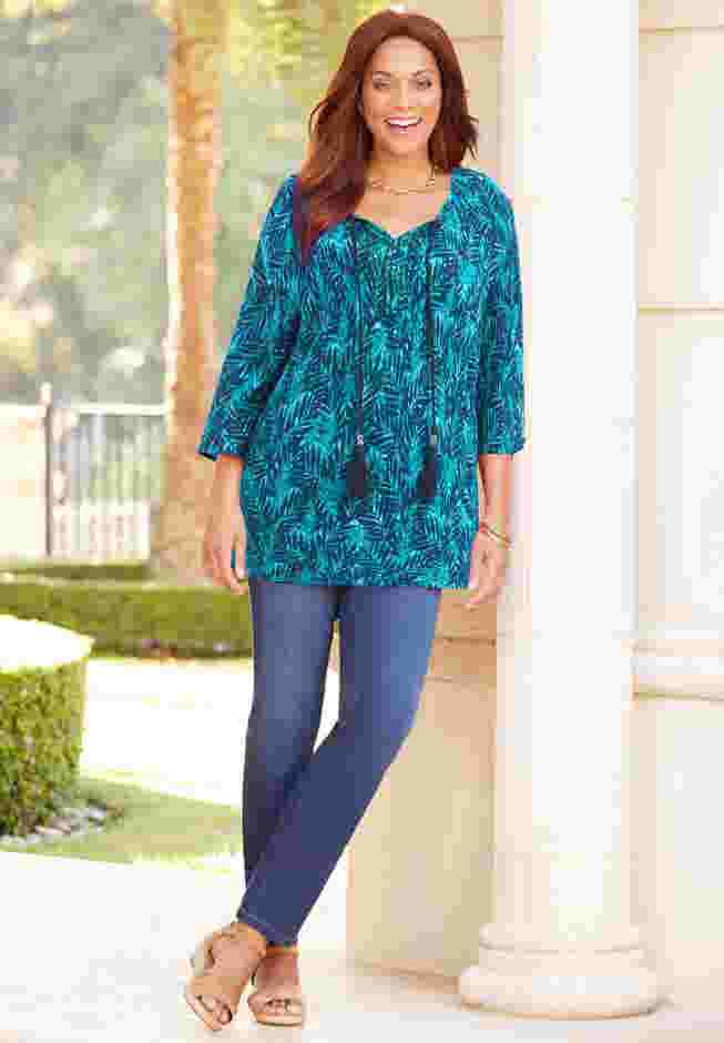 Sequin Trim Gauze Peasant Blouse image number 0