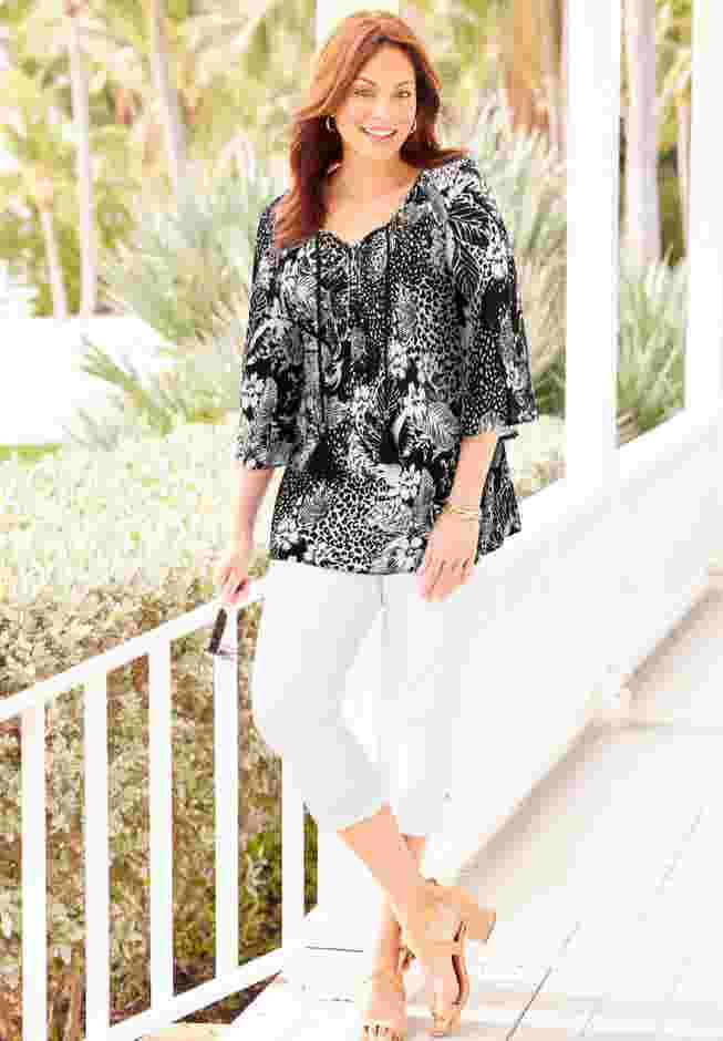 Sequin Trim Gauze Peasant Blouse image number 0