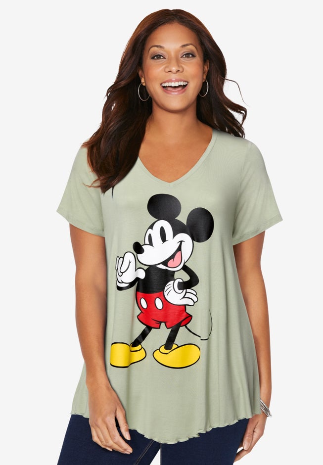 Disney Sage Green Mickey V-Neck Point Hem Tee image number null
