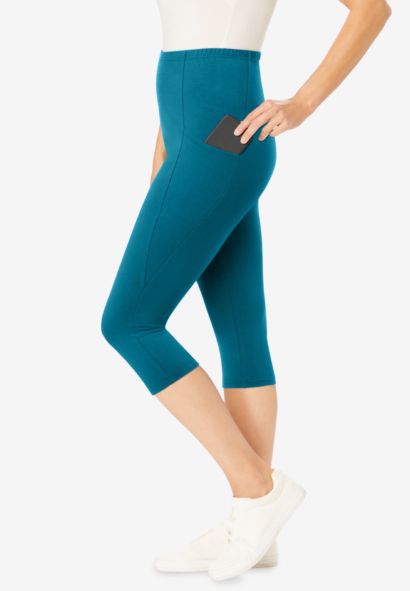 Stretch-Cotton Knit Pull-On Pocket Capri Leggings image number 2