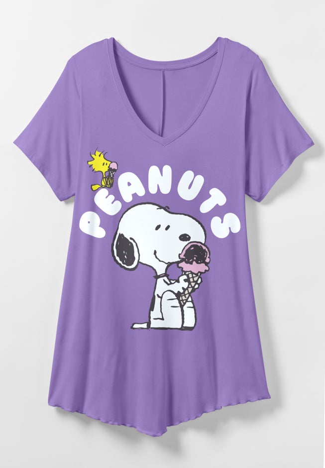 Peanuts Purple Snoopy V-Neck Point Hem Tee image number 1