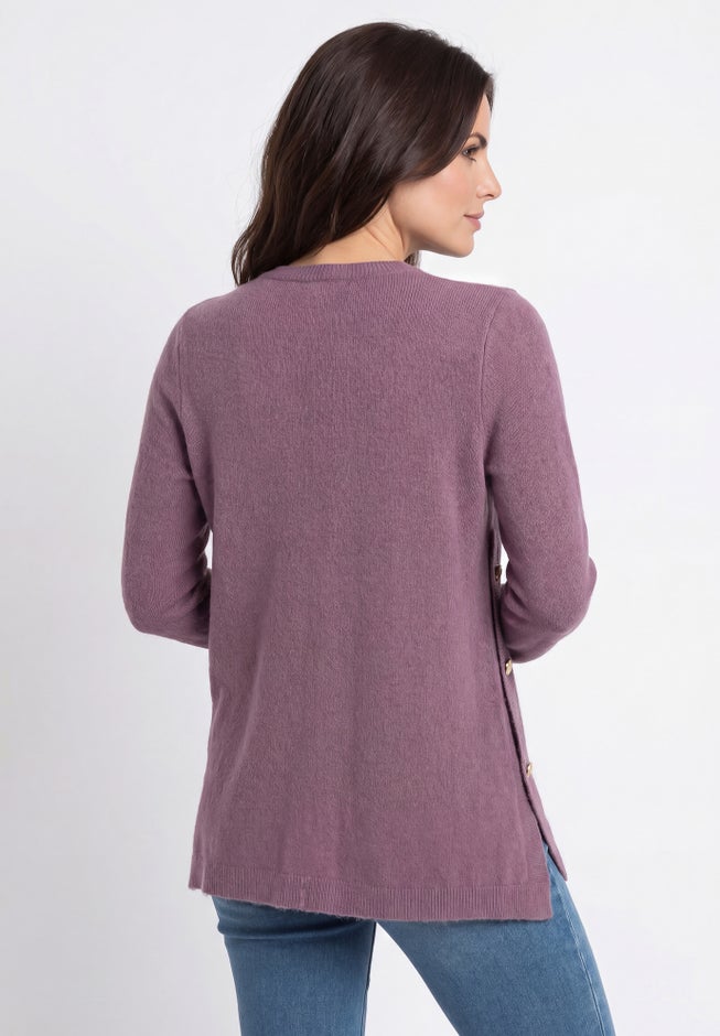 Stretch Scoop Neck Curved Hem With Buttons Pullover Sweater image number 1